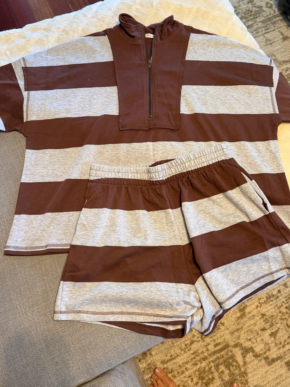 Zenana Outfitters Brown & Gray Striped Rugby Set Top & Shorts